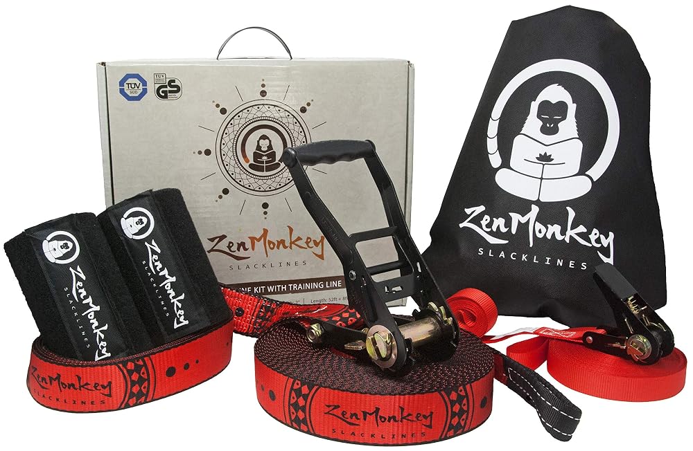 ZenMonkey Slackline Kit com Linha de Treinamento Aéreo, Treinador de Braço e Protetores de Árvore – 60 pés (18 m)